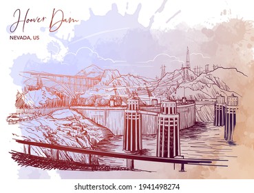 Hoover Dam Stunning Panoramic View. Linear Hand Drawing On A Grunge Spot Ba. Sketch Style. EPS10 Vector Illustration.