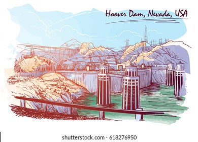 Hoover Dam Stunning Panoramic View Sketch Drawn And Painted Digitally To Give Watercolour Painting Feel. EPS10 Vector Illustration.