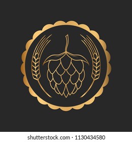 Hop and barley golden emblem icon label logo. Beer pub emblem. Craft gold beer logotype. Vector illustration set