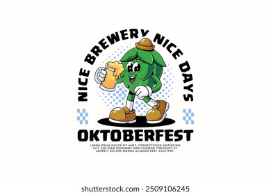 hop or beer cone pine retro cartoon character mascot illustration wearing a hat  with walking pose and holding a large glass of beer for brewery factor and bar mascots and merchandise