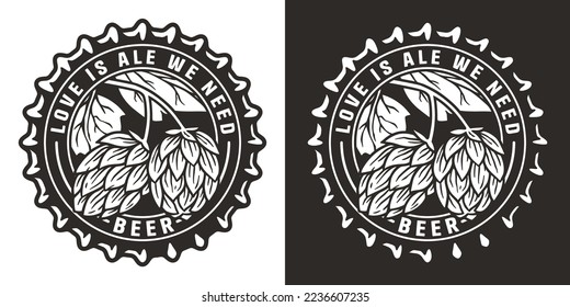 Hop beer logo or brew emblem with hops and metal cap for bar or pub. Craft print or label with cork and plant for brewery shop.