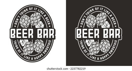 Hop beer logo or brew emblem with hops for bar or pub. Monochrome print or label for brewery shop.