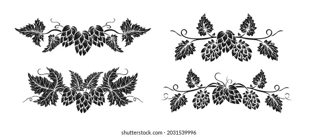 Hop border plant branch sketch style black glyph set. Frame hand drawn hops with leaves and cones angular herb drawn botanical design element. Vintage sketches for beer packing design label, emblem