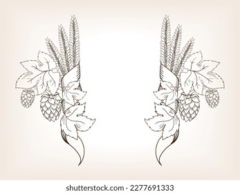 hop branch label menu deck template sketch brown style vector illustration. Old hand drawn engraving imitation.