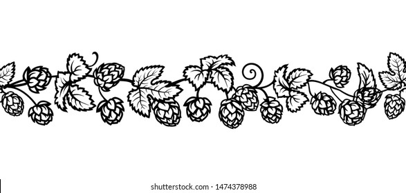 Hop branches with cones and leaves seamless border. Brewery, beer festival, bar, pub design elements in vintage engraving style. Hand drawn vector illustration isolated on white background. 