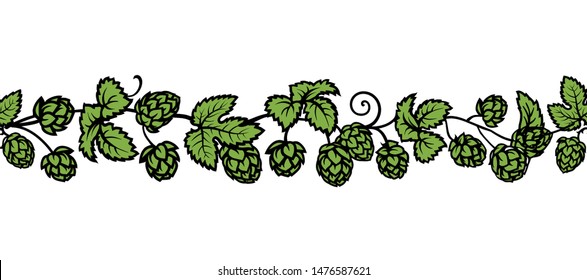 Hop branches with cones and leaves seamless border. Brewery, beer festival, bar, pub design elements in vintage engraving style. Hand drawn vector illustration isolated on white background. 