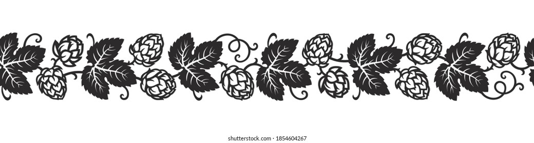 Hop branches with cones and leaves seamless border. Brewery, beer festival, bar, pub design elements in vintage engraving style. Hand drawn vector illustration isolated on white background. 