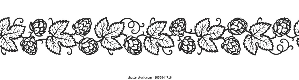Hop branches with cones and leaves seamless border. Brewery, beer festival, bar, pub design elements in vintage engraving style. Hand drawn vector illustration isolated on white background. 