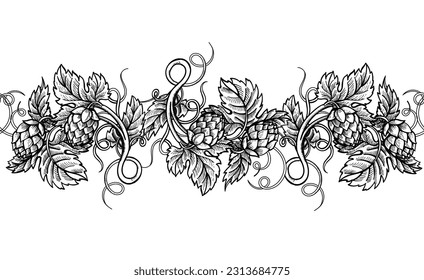 Hop branches with cones and leaves seamless engraving border. Brewery, beer festival, bar, pub design hop bush horizontal elements Vintage hand drawn vector illustration