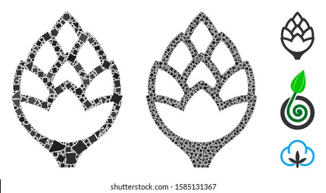 Hop bud icon composition of uneven elements in various sizes and color tones, based on hop bud icon. Vector bumpy elements are grouped into composition. Hop bud icons collage with dotted pattern.