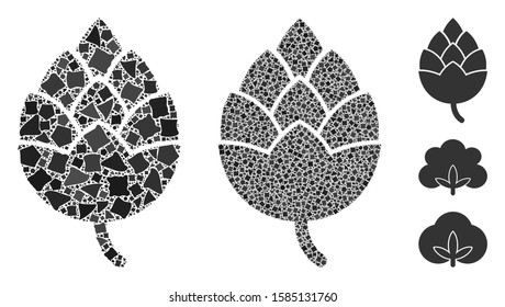 Hop bud icon mosaic of rough items in different sizes and color tints, based on hop bud icon. Vector rugged items are united into mosaic. Hop bud icons collage with dotted pattern.