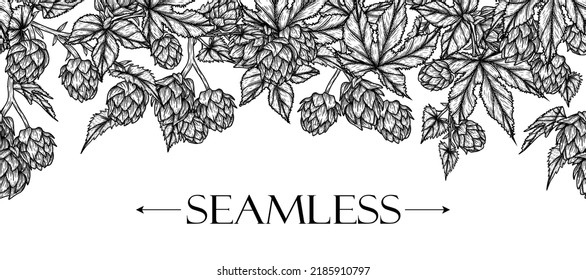 Hop bush horizontal seamless vector pattern in engraving style