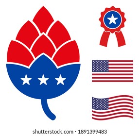 Hop cone icon in blue and red colors with stars. Hop cone illustration style uses American official colors of Democratic and Republican political parties, and star shapes. Simple hop cone vector sign,