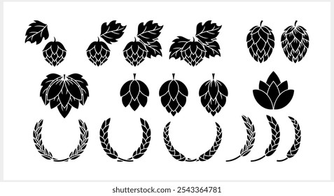 Cono de lúpulo con hojas y guirnalda de trigo. Elemento de diseño para el logotipo, emblema, menú del restaurante, pub de cerveza artesanal, cervecería. Vector ilustración de stock