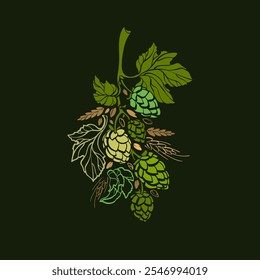 Cone de salto, etiqueta de malte para emblema do pub de cerveja, menu do restaurante, design da cervejaria. Gravura desenhada à mão. Ilustração vetorial isolada. Sinal de vintage. ramo verde de Humulus lupulus