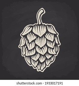 Hop cone silhouette on chalk board. Vector illustration. Beer, pub and alcoholic beverage symbol. Clip-art for packaging, label, menu, signboard, showcase, logo or emblem. Isolated on black background