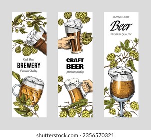 Hop cones and Barley. Malt Beer for poster or banner. Engraved vintage. Hand drawn Sketch for web or pub menu. Design elements isolated on white background.