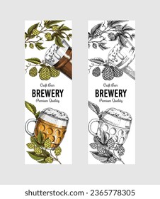 Hop cones and Barley. Malt Beer for poster or banner. Engraved vintage. Hand drawn Sketch for web or pub menu. Design elements isolated on white background.