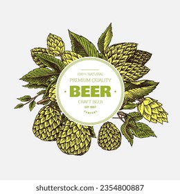 Hop cones and Barley sticker, emblem or badge or logo. Malt Beer for poster or banner. Engraved vintage. Hand drawn Sketch for web or pub menu. Design elements isolated on white background.