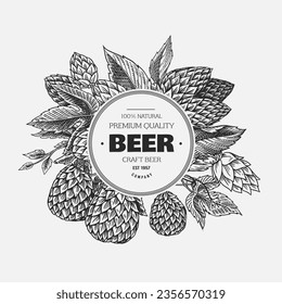 Hop cones and Barley sticker, emblem or badge or logo. Malt Beer for poster or banner. Engraved vintage. Hand drawn Sketch for web or pub menu. Design elements isolated on white background.