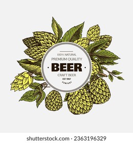 Hop cones and Barley sticker, emblem or badge or logo. Malt Beer for poster or banner. Engraved vintage. Hand drawn Sketch for web or pub menu. Design elements isolated on white background.