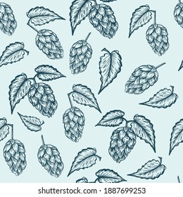 Hop cones and leaves seamless pattern. Vintage engraving style vector illustration.
