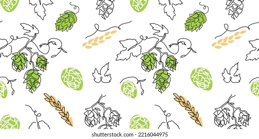 Hop cones vector pattern. One continuous line art drawing. Branch of hops with barley spikelet pattern for beer or ale label design.