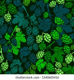 Hop corn. Vector seamless pattern. Organic malt natural beer. Hand drawn green branch, silhouette of leaves on black background. Vintage print, color wallpaper, botanical illustration