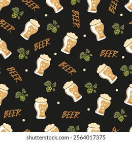 Hop and Craft Beer Pints Celebration Pattern. Ideal for pub decor, brewing festival apparel, or any beer-related merchandising, this pattern combines playful imagery with the culture of craft beer.