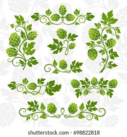 Hop decoration elements for brewery products design. Dividers, branches with leaves and hop cones.