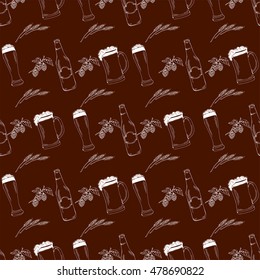Hop drink - beer seamless vector pattern background. Beer bottle and glasses.Dark illustration.