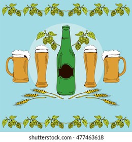 Hop drink - beer vector set. Beer bottle and glasses. 