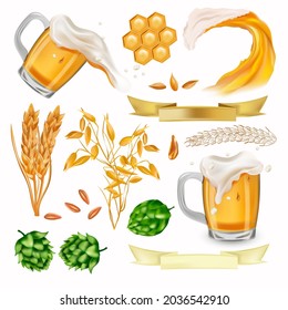 Cepa, orejas de trigo, cebada, trigo de cereales, cerveza en vidrio con salpicaduras, peine de miel, ola de cerveza. Iconos vectores para su diseño. Ilustración del vector