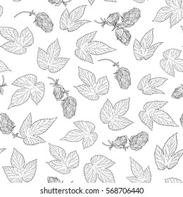 Hop flowers and leaves black and white seamless pattern background. Beer flavor ingredient for bitterness and aroma. Vector design illustration for decoration.