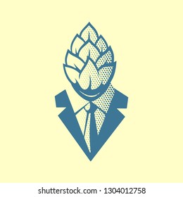 Hop Head Pop Art Style Label, Logo or Illustration. Man in a Suit and Tie with a Hop Face. Creative Concept Emblem. Isolated.