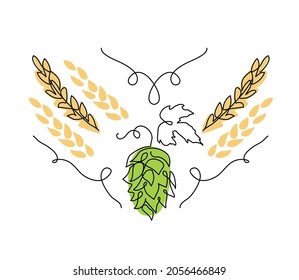 Esbozo vectorial de la hierba y las espigas. Una ilustración de dibujo de línea continua con lúpulo y malta para diseño de etiquetas de cerveza o venta.