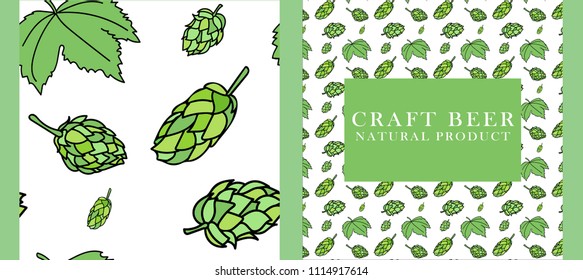 
Hop (Humuluss). Beer hops - cones and leaf. Hand drawing. Seamles pattern and card with text "Craft beer - Natural product". Vector.