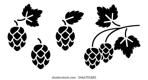 Hop icon, black silhouette isolated on white background. Branch of hop with cones and leaves. Vector clipart, minimalist stencil sign for brewery and pub logo or Octoberfest design.