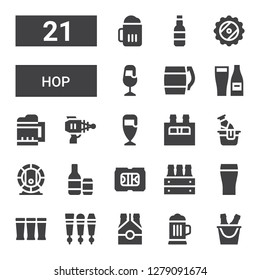 hop icon set. Collection of 21 filled hop icons included Beer, Beer tap, Beers, Blaster