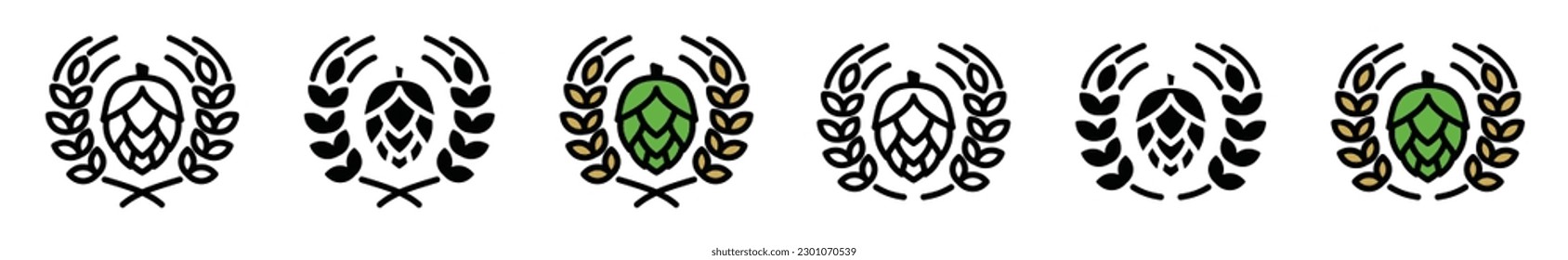 Hop icon vector with wheat wreath. Hops and grain wreath icon in thin line and flat style with editable stroke on white background. Beer and brewing badge sign and symbol. Vector illustration