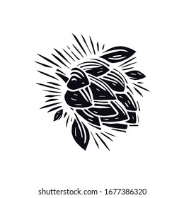 Hop illustration in linocut style. Black print on white background