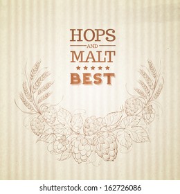 Hop with leafs isolated on biege. Vector illustration.