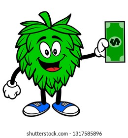 Hop Mascot with a Dollar  - A vector cartoon illustration of a Oktoberfest Hop mascot holding a Dollar.
