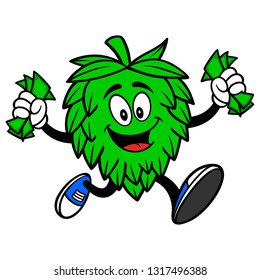 Hop Mascot Running with Money - A vector cartoon illustration of a Oktoberfest Hop mascot running with Money.