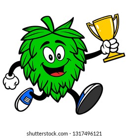 Hop Mascot running with a Trophy - A vector cartoon illustration of a Oktoberfest Hop mascot running with a Trophy.