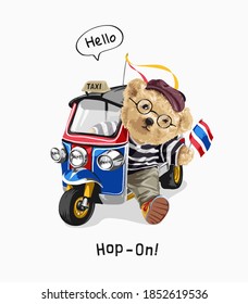 hop on slogan with bear doll in Tuk Tuk Thai vehicle illustration