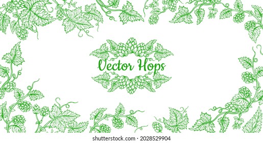 Hop plant branch sketch frame. Sketches for beer packing design, label. Exotic botanical decoration hand drawn. Hops with leaves and cones angular herb event invitation card template, editable vector