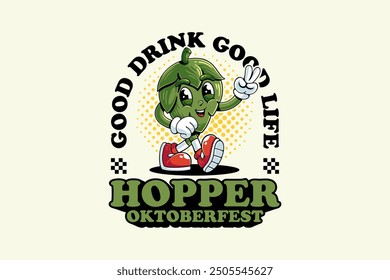 hop plant brewery retro cartoon funny character vector illustration with walking pose and showing peace hand for brewery, food and beverage mascots and sticker and apparel design elements 