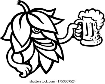 Hop Plant Drinking a Mug of Ale Mascot Black and White