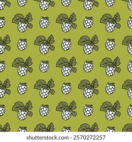 Hop Plant Themed Pattern with Fruits and Leaves. Perfect for beer, brewing, nature-themed designs, packaging, and creative projects.